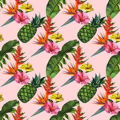Watercolour pattern with tropical palm leaves, pineapples, and flowers. Seamless pattern, summer background
