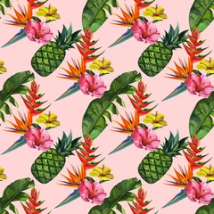 Poster Watercolour pattern with tropical palm leaves, pineapples, and flowers. Seamless pattern, summer background © Artmirei