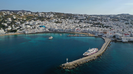 Fototapeta premium Aerial drone photo of picturesque old port in main village of Mykonos island, Cyclades, Greece