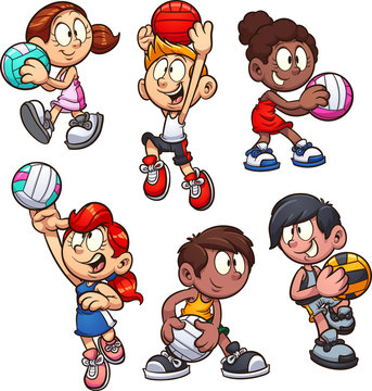 Cartoon boys and girls playing netball clip art. Vector illustration with simple gradients. Each on a separate layer. 