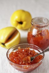 jam or confiture from a quince. quince brewed in sugar cubes