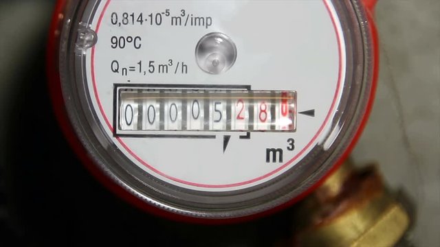 Mechanical water meter shows accelerated water flow in cubic meters