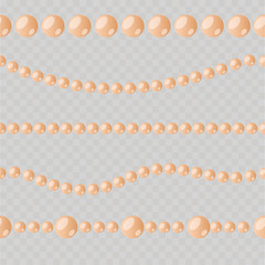 Coral beads on a transparent background. Seamless image. Shiny beads pattern. Flat style. Vector