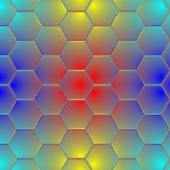 Colorful gradient art and geometric shapes background with textured effect and hexagonal patterns.