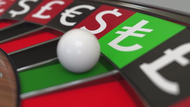 Ball in Turkish Lira sign pocket on casino roulette wheel. Conceptual 3D animation