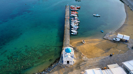 Aerial drone panoramic photo of picturesque old port in main village of Mykonos island at sunrise with beautiful colours, Cyclades, Greece