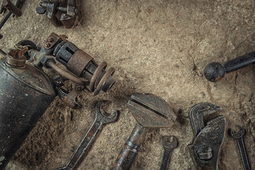 collection of old craft tools, still life with rusty tools, product photography for industry 