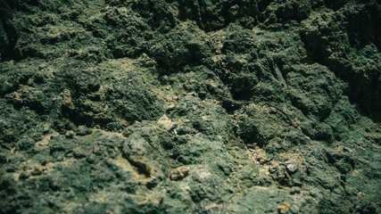 Close up of thick green mossy texture cover the rough stones and on the floor on the rocky ground.
