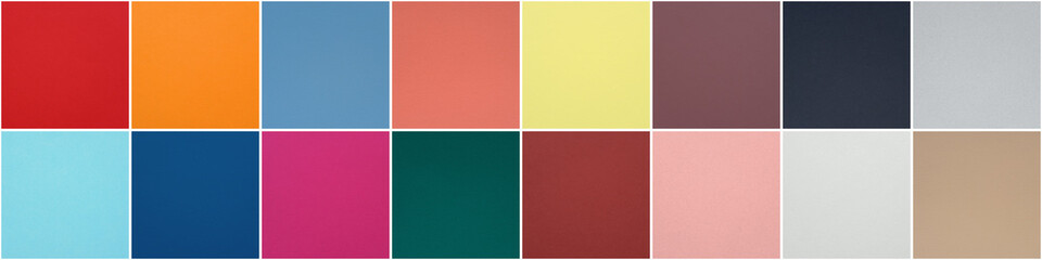Fototapeta premium Set of 16 fashionable trendy colors of spring-summer 2020 season from fashion week. Texture of colored paper for watercolor and pastel. Color palette, photo collage, banner, wide format