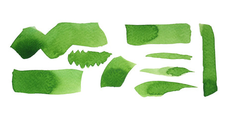 Set of green watercolor brush strokes on white background