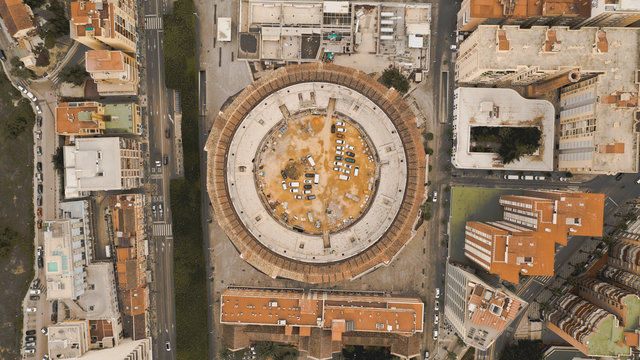 Aeiral view of beautiful circular bull arena in Malaga, Spain, called Plaza de toros de La Malagueta