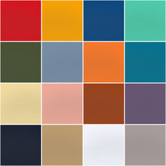 Set of 16 fashionable trendy colors of spring-summer 2020 season from fashion week. Texture of colored porous rubber. Color palette, photo collage