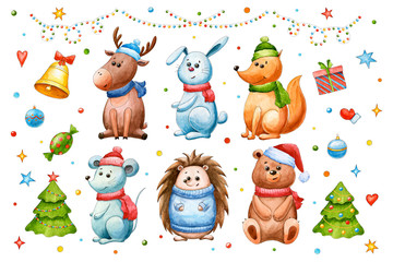 Watercolor New year's set with mouse, hare, fox, bear, deer, hedgehog. Christmas and New year. Cartoon elements and animals. Cute character. Hand drawn toys. Christmas tree. Greeting card. Stars, gift