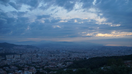 Dawn in Barcelona in the spring. View of Barcelona in the morning from the bunker