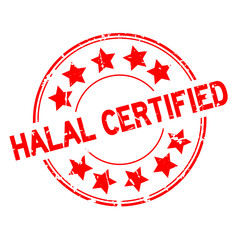 Grunge red halal certified word with star icon round rubber seal stamp on white background