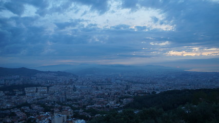 Dawn in Barcelona in the spring. View of Barcelona in the morning from the bunker