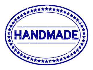 Grunge blue handmade word oval rubber seal stamp on white background