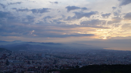 Dawn in Barcelona in the spring. View of Barcelona in the morning from the bunker