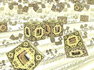 Computer generated 3D fractal.Geometric fractal illustration of green cubes with print.