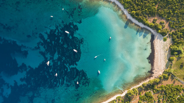 Aerial view of boats anchored near Ilovik island, Croatia.