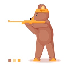 Character Bear on skis participating in biathlon competitions. Biathlete. Shooting standing. Isolated on white background. Vector illustration