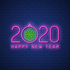 Merry christmas and happy new year 2020 neon banner design template hanging star and glitter balls decoration for neon sign shop, light banner store, bright signboard vector illustration
