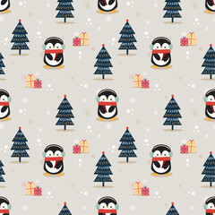 Cute penguin in Christmas season seamless pattern