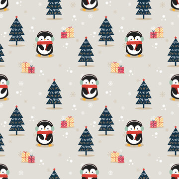 Cute penguin in Christmas season seamless pattern