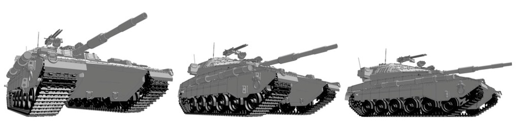 Military 3D Illustration of cartoon style rendered and outlined isolated 3D army tank with not existing design, highly detailed tank troops concept
