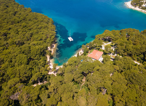 Aerial view of catamaran anchored near Mali Losinj island, Croatia.