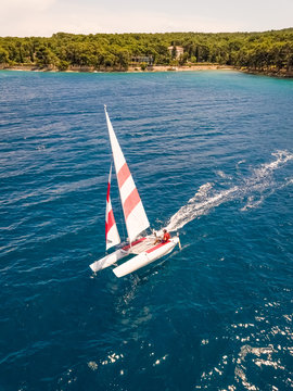 Aerial view of sailing boat near Mali Losinj island, Croatia.
