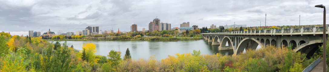 Panorama of Saskatoon, Canada downtown over river