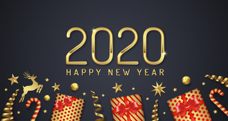 Merry christmas and happy new year 2020  banner template typography, golden glitter balls, stars, ribbons and gifts decoration for flyers, poster, web, poster and card vector illustration