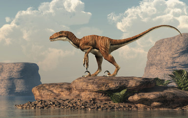 Deinonychus is een theropode dinosaurus, een neef van velociraptor, die leefde tijdens het Krijt. Hier afgebeeld zonder veren baai een droog meer. 3D-rendering