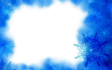 Blue Watercolor background texture with snowflakes and space for text .