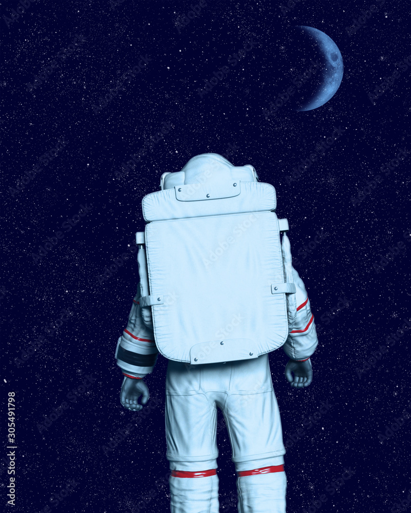 Wall mural astronaut standing and looking at moon and outer space. 3d rendering.
