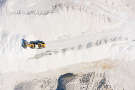 Aerial view of machines working at salt production facility, Australia.