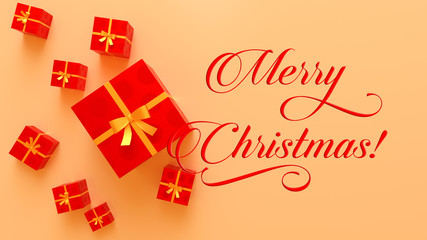 Red gifts with dots and Merry Christmas text with swashes on golden background. Top view. 3D rendering.