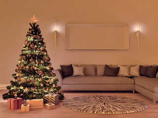 Living room interior with golden Christmas tree and gray sofa at dusk. 3D rendering.
