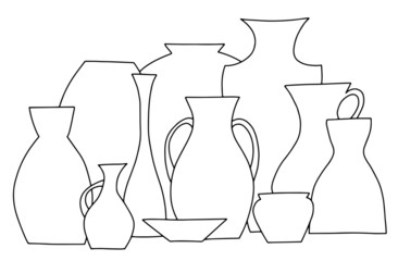 Pots still life. Hand drawn. Line art. Sketch. 