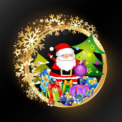 Beautiful Christmas background with gifts and golden shiny snowflakes