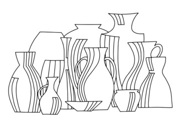 Ornamental pots still life. Hand drawn. Line art. Sketch. 