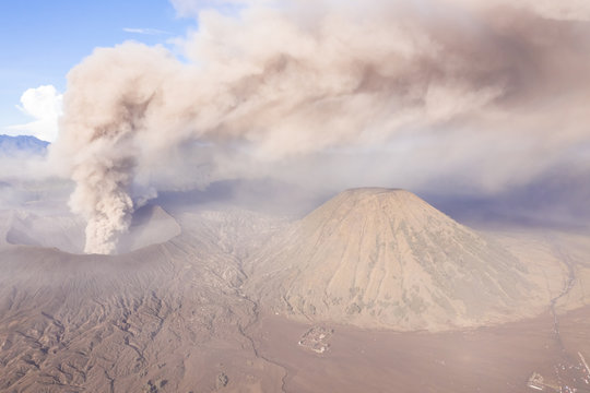 Aerial view of phreatic eruptions at Gn. Batok vulcan, Indonesia.