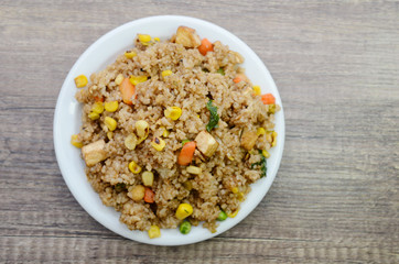 Healthy food fried rice plate, top view