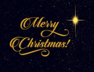 Merry Christmas text and Christmas star glowing in night sky