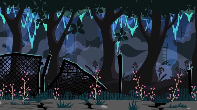 Looped apocaliptyc landscape animation with night park and broken fence, cartoon scene for games