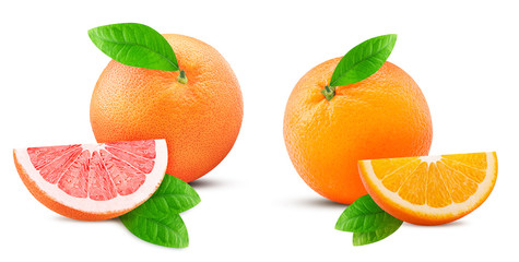 Fresh orange, grapefruit and slice with leaf