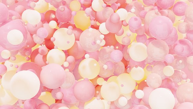 Dynamic colorful bouncing balls for party, festival, celebration. Group of balls, bubbles on pastel  background. Digital, trend, conceptual banner for Valentine's Day with copy space - 3D, render.