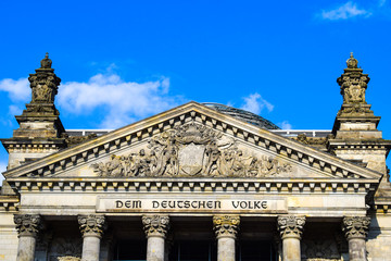 The Reichstag Building  (Deutscher Bundestag), Dem Deutschen Volke (meaning to The German People) in Berlin, Germany