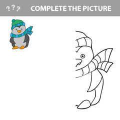 Copy the picture and coloring book, education game for children - penguin